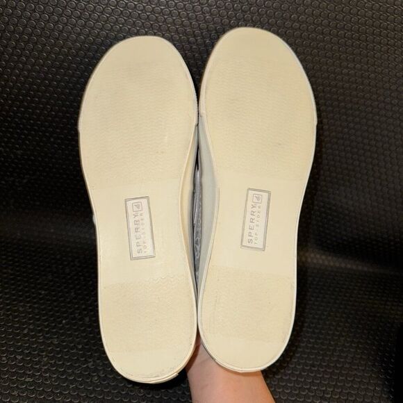 Sperry Top Sider White Gray Silver Leopard Canvas Lace Up Boat Shoes Size 9M - Picture 7 of 8